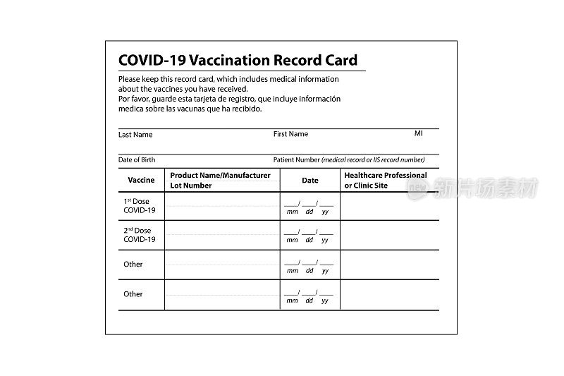 空白Covid-19免疫证书- Covid-19疫苗接种卡